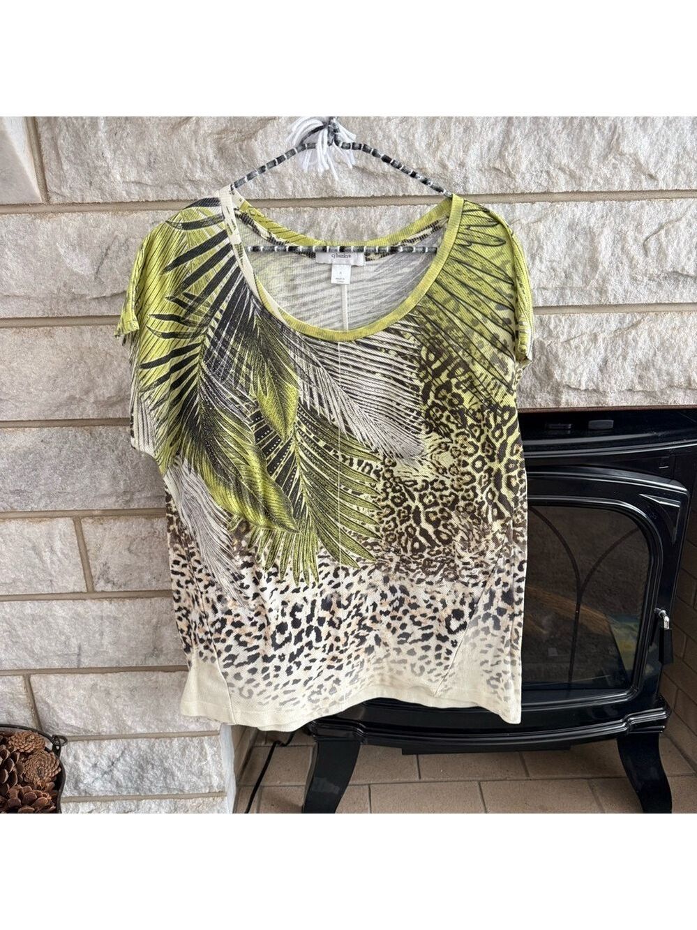 CJ Banks Green and Brown Leopard Palm Short Sleeve Top Size X